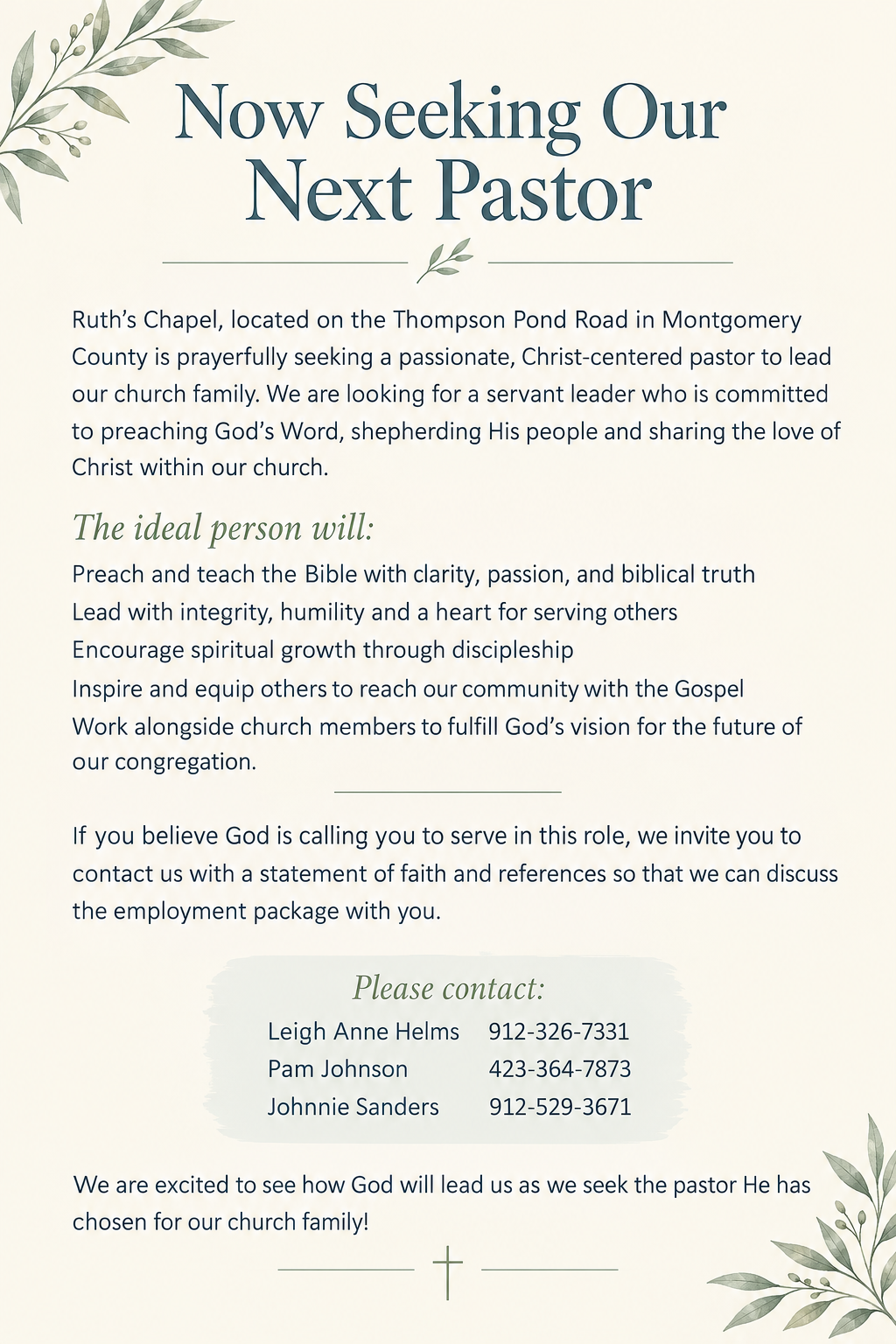 Special Note: Pastor search in Montgomery county