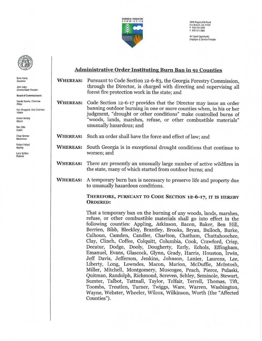 Burn Ban Issued for 91 Georgia Counties