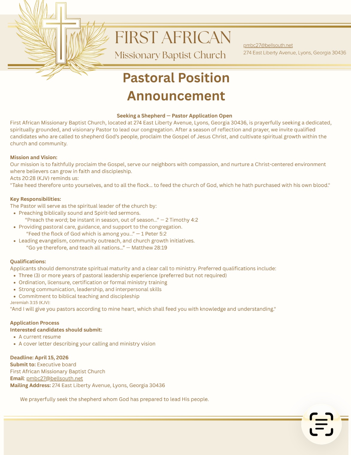 Special Notice: Lyons Pastoral Position Announcement