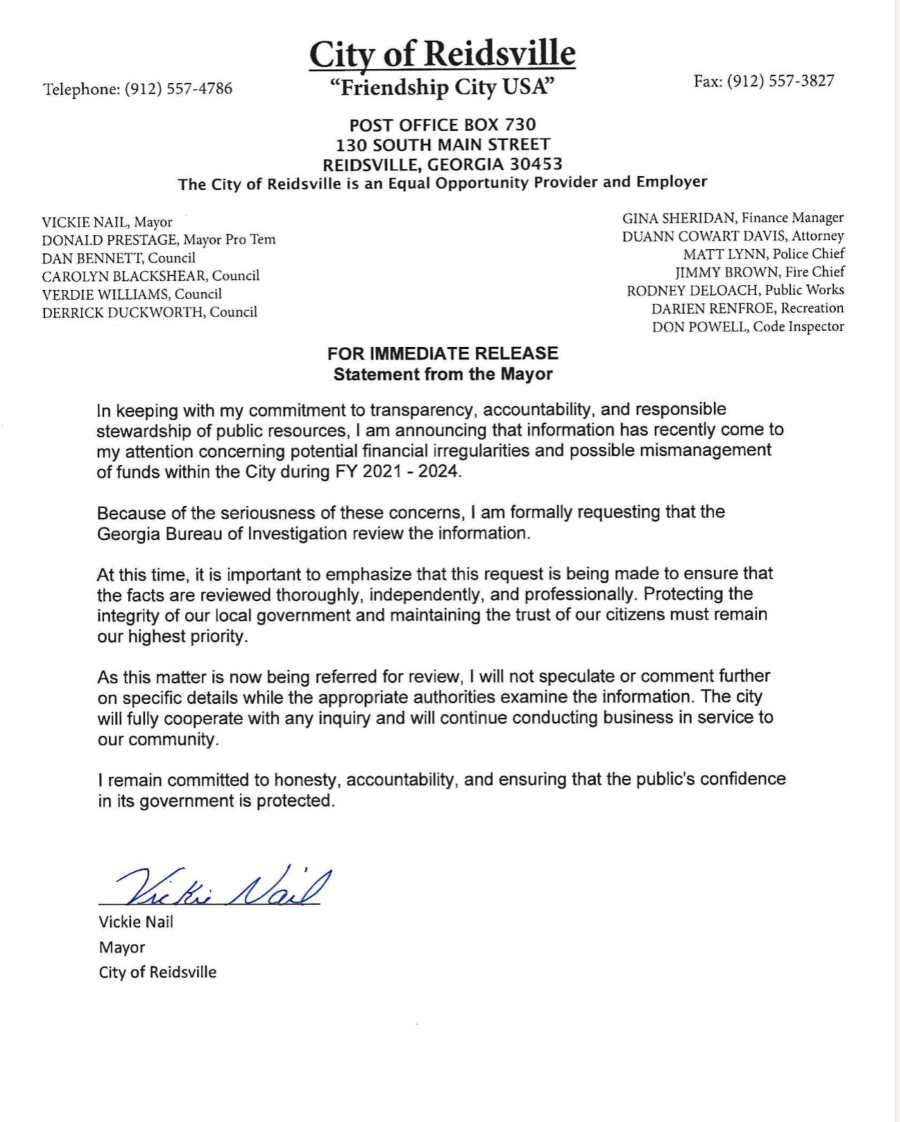 Reidsville Mayor Calls for GBI Investigation