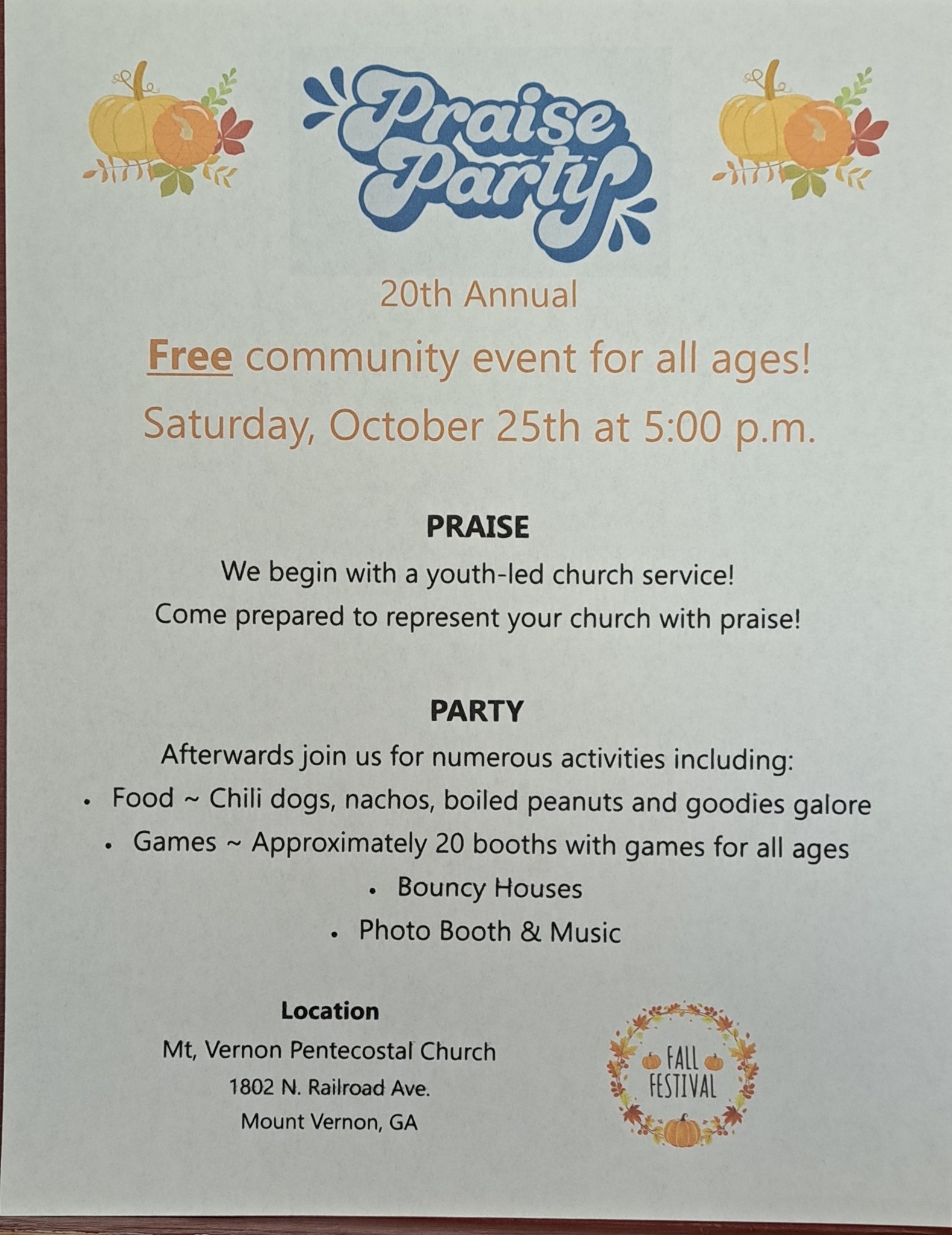 October 25--Praise Party in Mt. Vernon