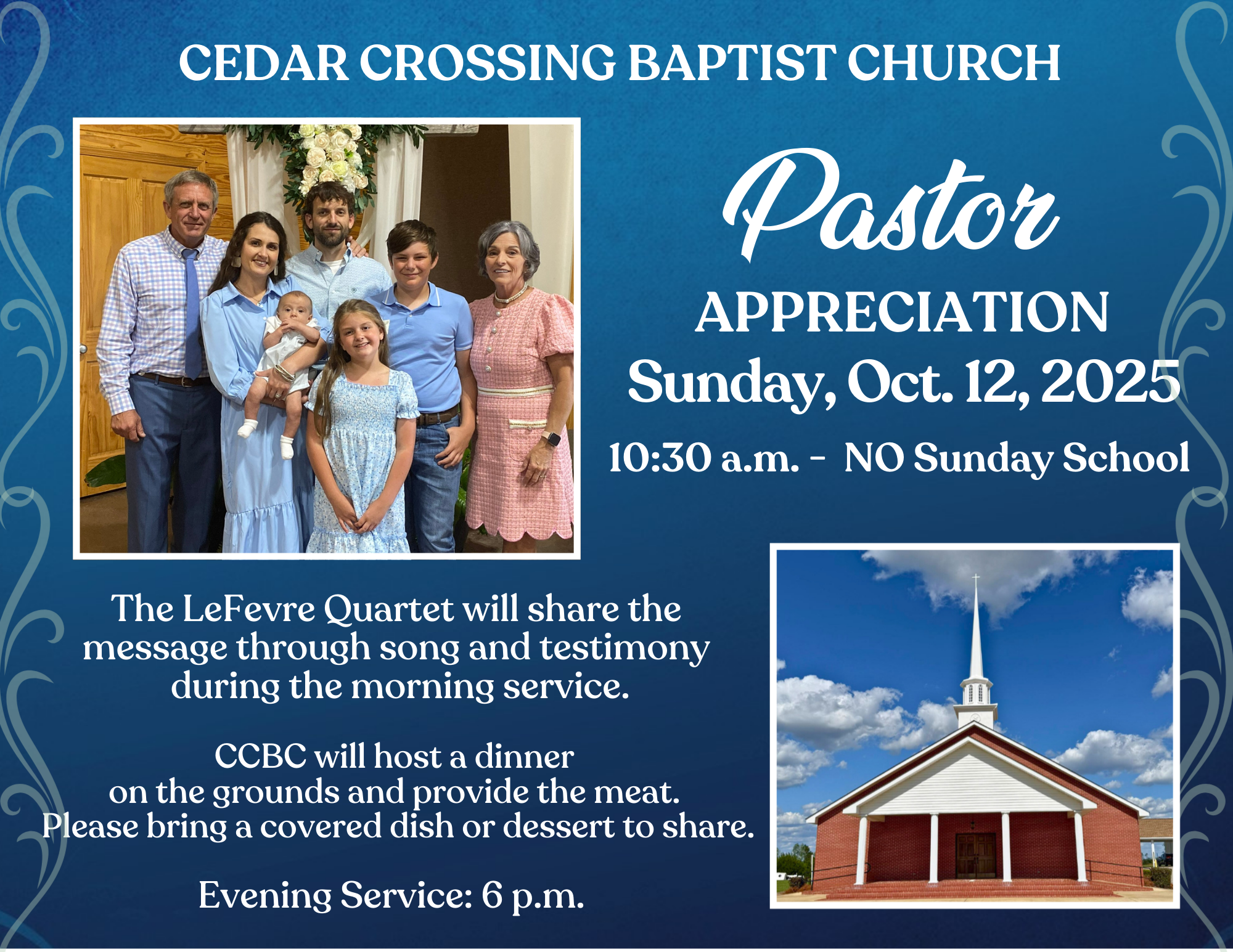 October 12--Pastor Appreciation in Cedar Crossing
