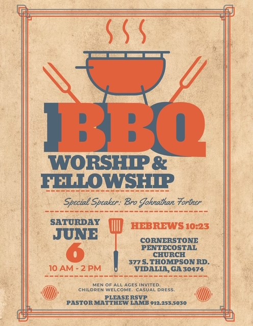 June 6--Worship & Fellowship BBQ in Vidalia