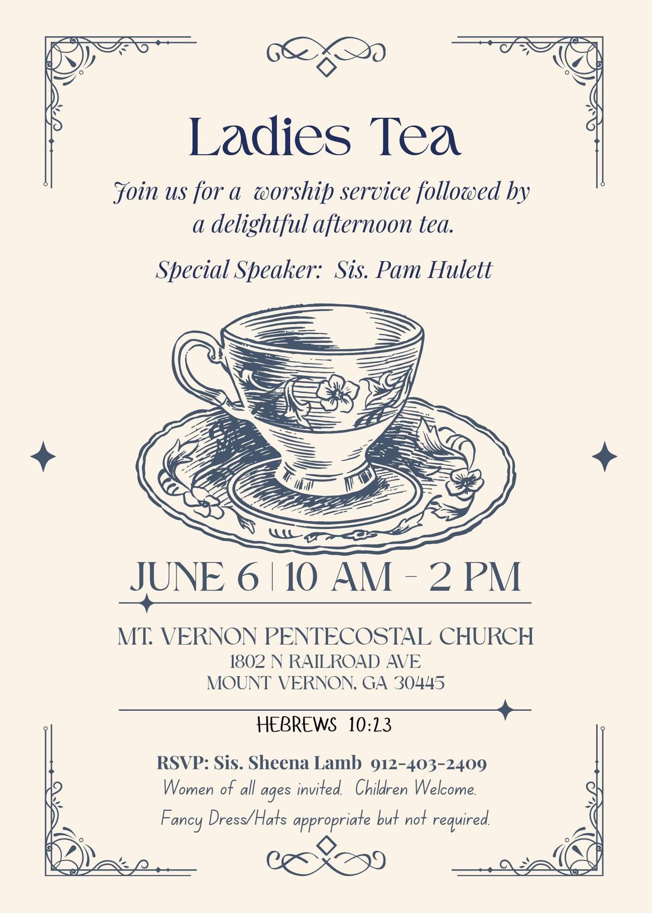 June 6--Worship Service and Ladies Tea in Mt. Vernon