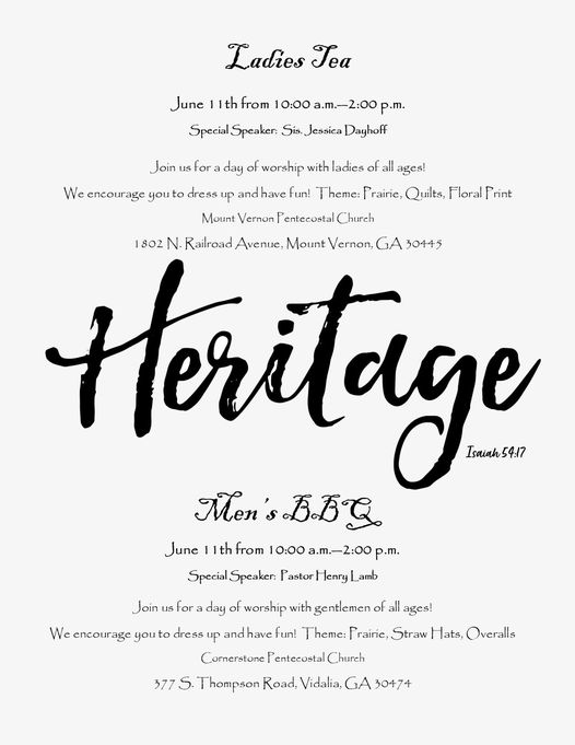 (Updated) June 11--Heritage Events in Mt. Vernon & Vidalia
