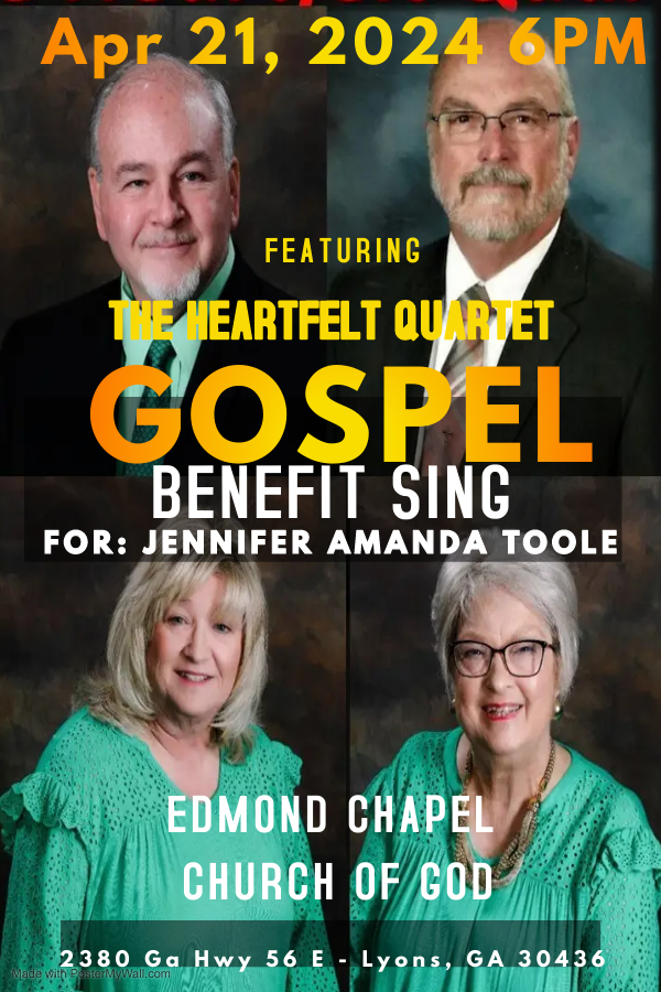 April 21--Benefit Gospel Concert with Heartfelt Quartet